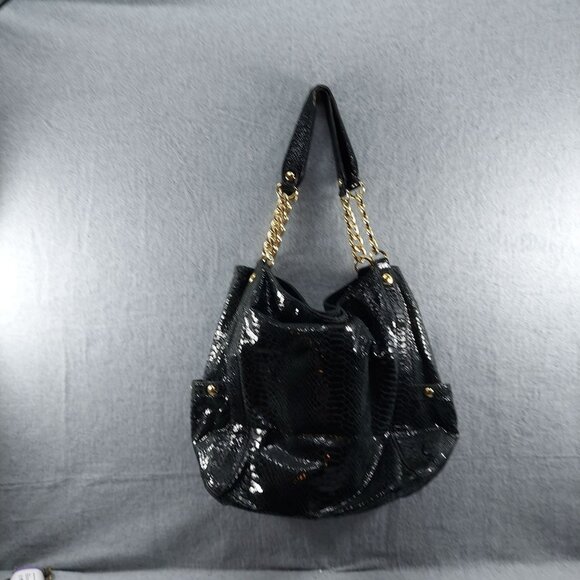 Michael Kors Black Faux Snakeskin Tote Bag With Gold Chain Handles - Picture 2 of 12